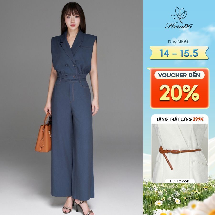 Bộ đồ nữ set áo quần HeraDG áo gile cổ vest độn vai,chun gấu, quần dài suông, chất Tuytsi giả bò cao