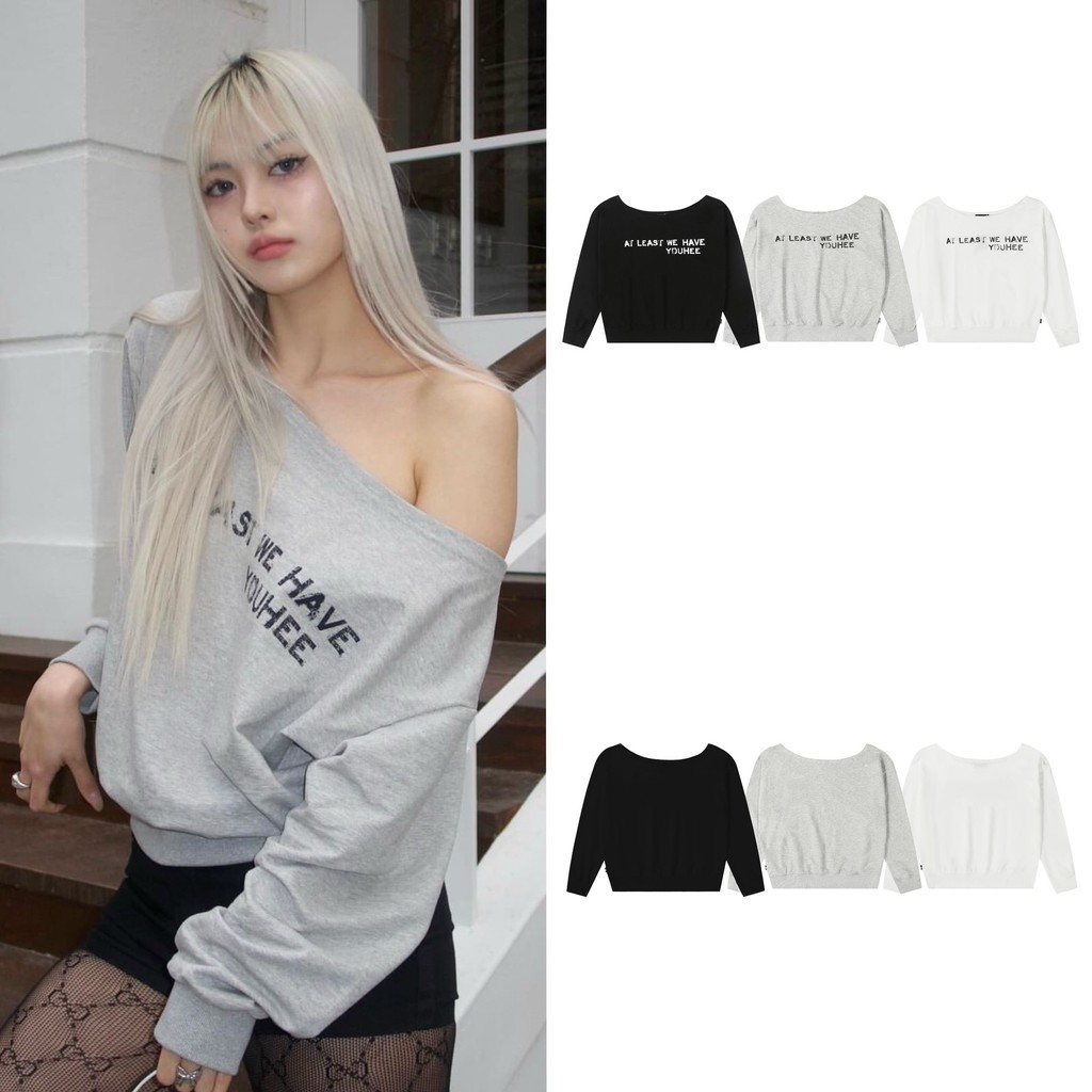 YOUHEE Korean off-shoulder sweatshirt with letter print and diagonal collar, same style as Nayeon an