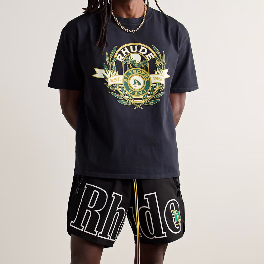 OYW7 RHUDE Summer New Yacht Palm Tree Beach Leaves Letter Print High Street Loose Round Neck Short S