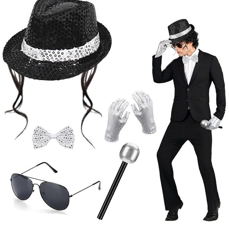 Sequined Performance DISC Stage Hat Tie Glove Cover Michael Jackson Phụ kiện trang phục _ Shimura px