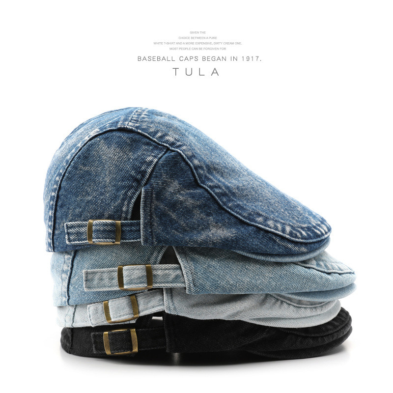 Nhật Bản Retro Rửa Đơn Giản Denim Phía Trước Mũ Ngoài Trời Nữ Xuân Thu Mũ Nồi Nam Mũ Rơm Phong Cách 