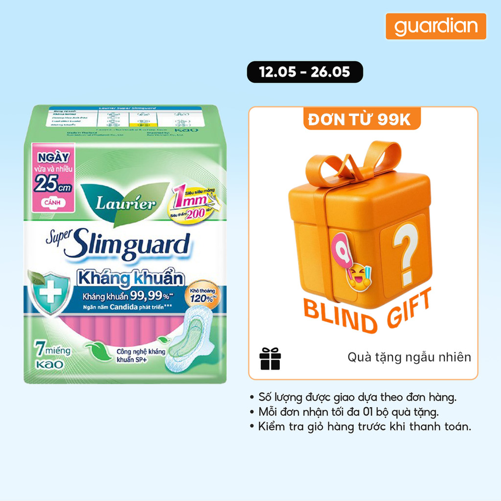 Băng Vệ Sinh Sạch Khuẩn Siêu Mỏng Cánh 25Cm Super Slimguard Laurier 7 Miếng