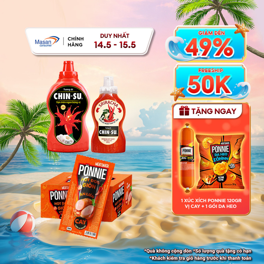Combo 1 Hộp Ponnie HotDog Giòn Ăn Liền (Hộp X 20 Cây X 28G) + Tương Ớt CHIN-SU 500G + Tương Ớt Srira