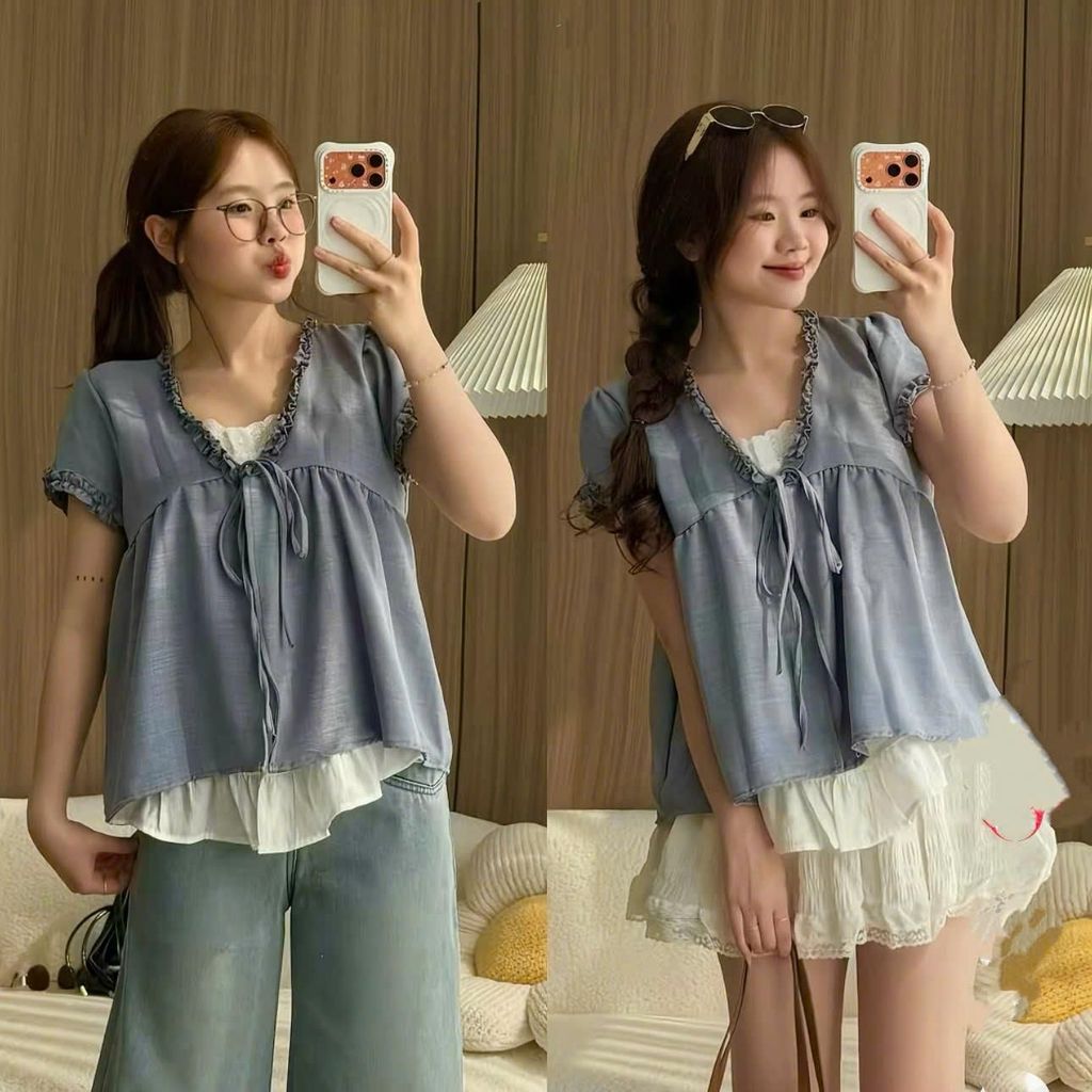 Áo form babydoll dễ thương chất đũi hàn tay ngắn cổ V phối ren bèo 2 lớp nhiều màu hot hit. HÀNG MỚI VỀ | BigBuy360 - bigbuy360.vn