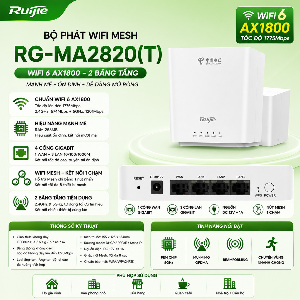 [Wifi Mesh]  Bộ phát wifi Ruijie RG-MA2820(T), AX1800 , wifi mesh, 2 băng tầng tiện dụng