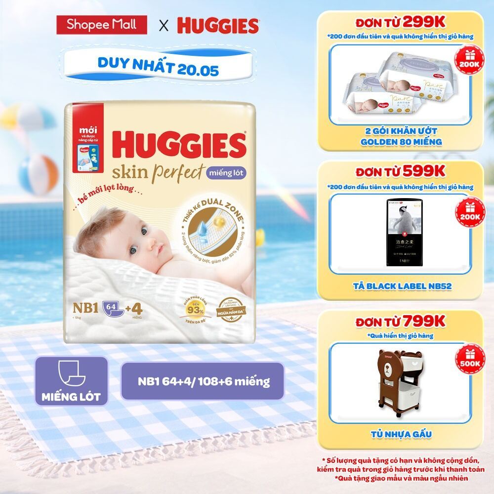 Miếng lót sơ sinh Huggies Skin Perfect NB1 64+4/NB1 108+6 miếng với 2 vùng thấm giảm kích ứng da