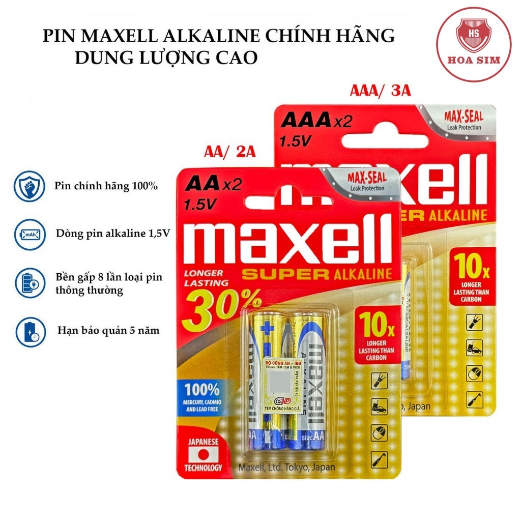 Pin AA (2A), AAA (3A) Maxell Alkaline LR6 vỉ 2 viên