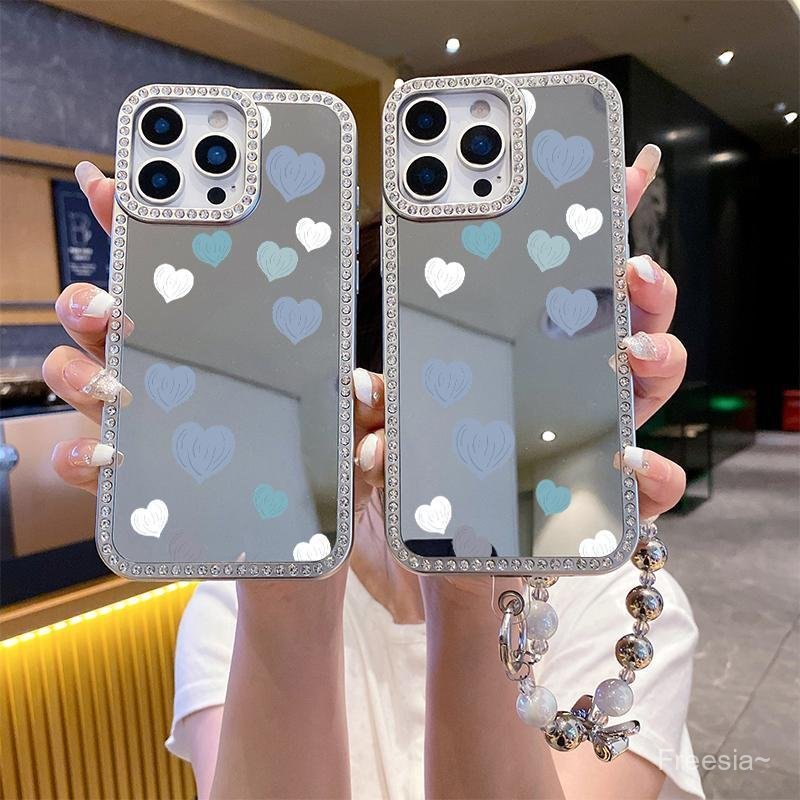 Vỏ gương mạ điện kim cương pha lê toàn màn hình màu xanh trái tim nhỏ cho iPhone 13 15 11 12 16 14 1
