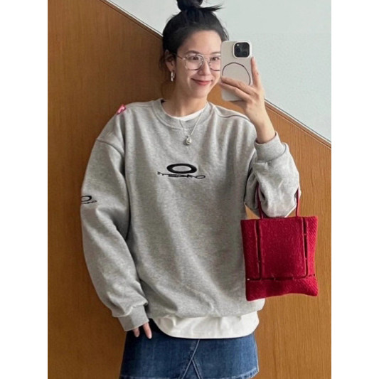 J9MX Oakle* Autumn and Winter New Versatile Crew Neck Fleece Gradient Print Embroidered Crew Neck Sw