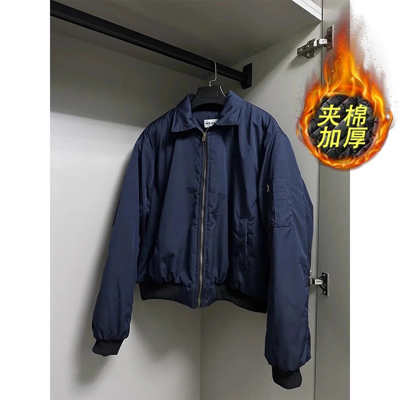 Áo khoác cotton bay màu xanh navy cho nam và nữ, bóng chày cổ bẻ phong cách mới mùa thu cho các cặp 