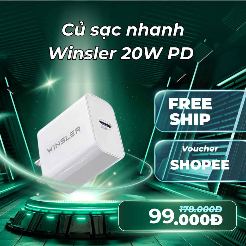 Củ sạc nhanh Winsler 20W PD 20W 1C chuẩn PD nhỏ gọn tương thích nhiều thiết bị điện thoại