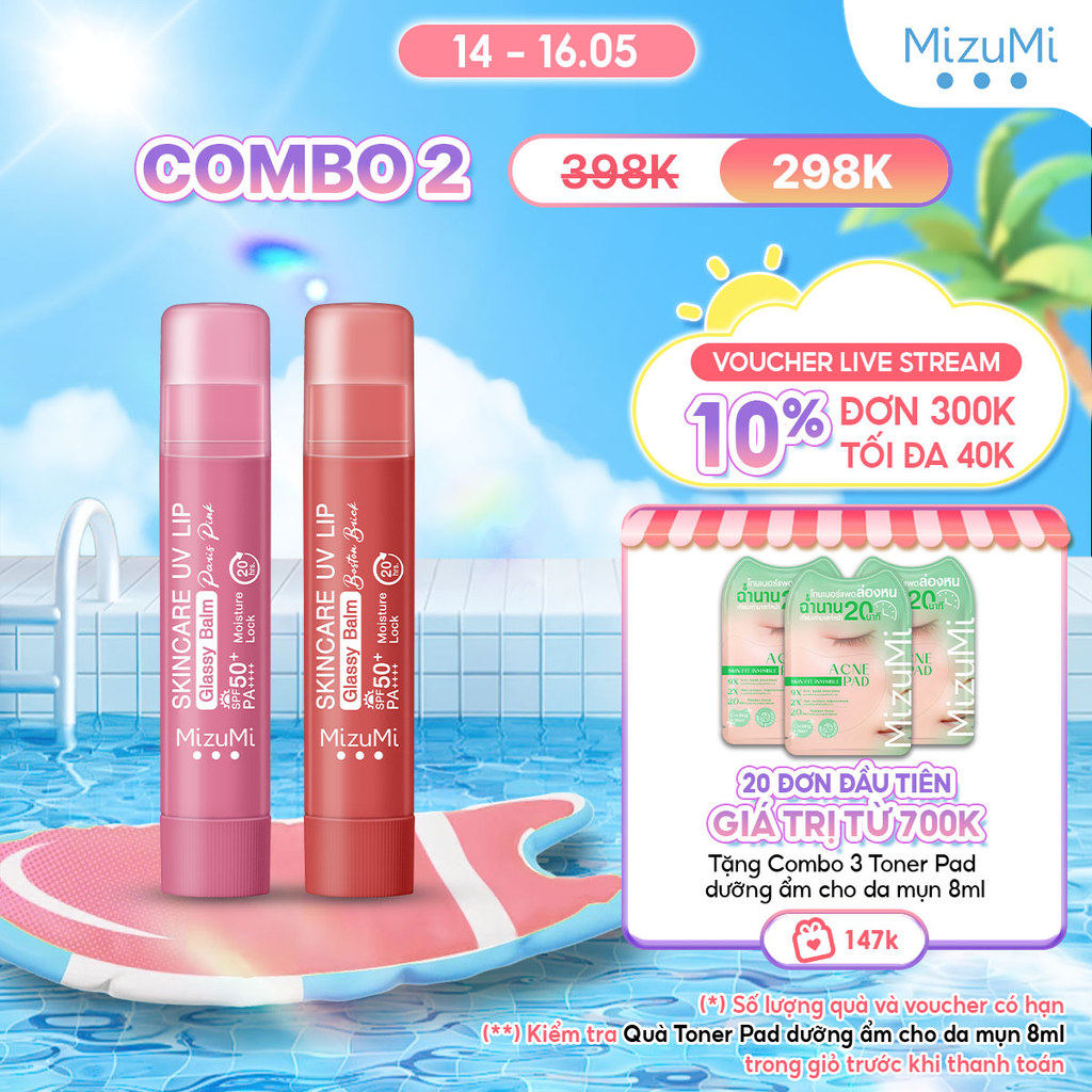 Combo 2 Son dưỡng môi chống nắng MizuMi UV Lip Glassy Balm 3.5g
