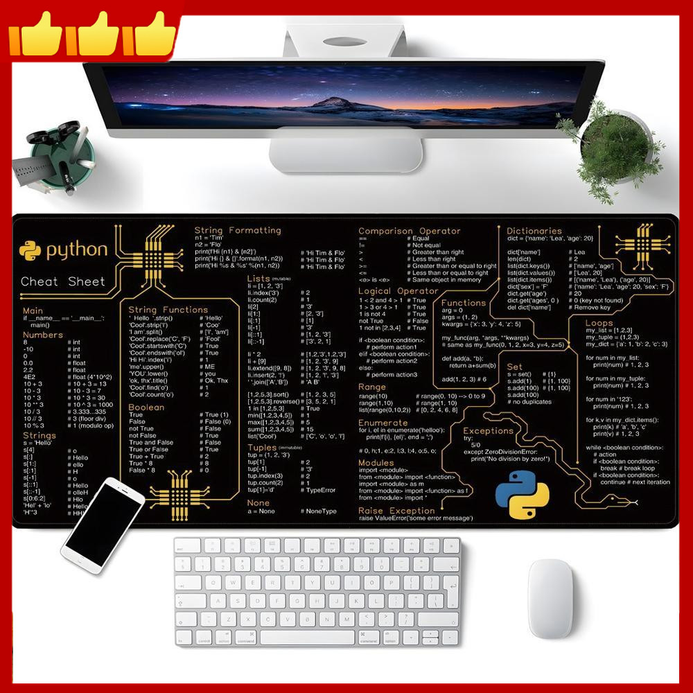 Tấm lót chuột Python Cheat Sheet, lớn & chống trượt cho lập trình viên & máy trạm mã hóa