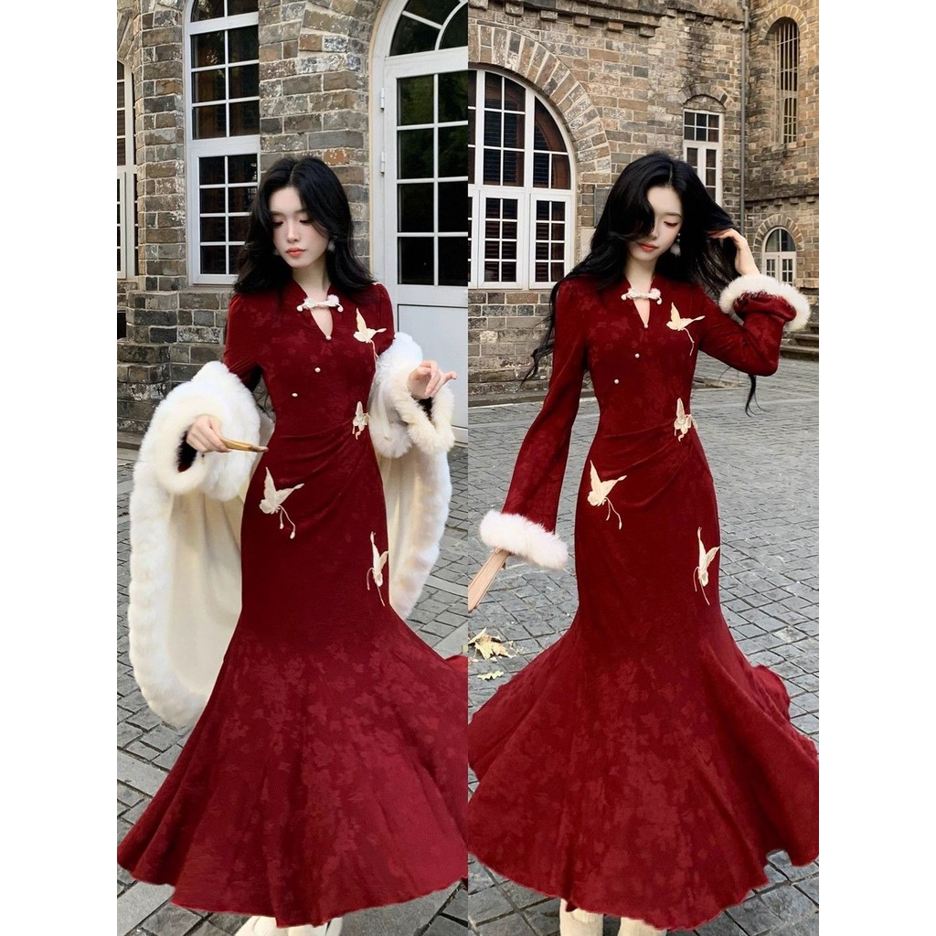 Akabane Glass Mới Sườn Xám Trung Quốc Jacquard Plus Nhung Dày Burgundy Váy Đuôi Cá Hẹp Đính Hôn Năm 