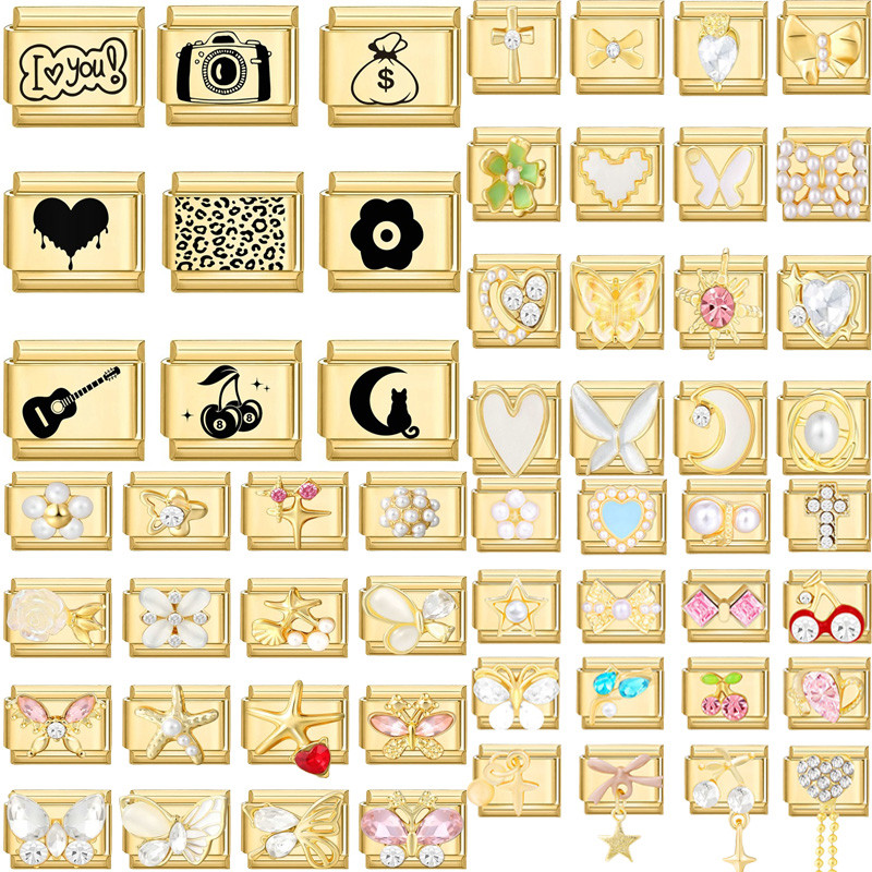 Laser Engraving Gold Color Cartoon Cats Heart Cherry Guitar DIY Italian Charm Links Fit 9mm Women Stainless Steel Bracelet