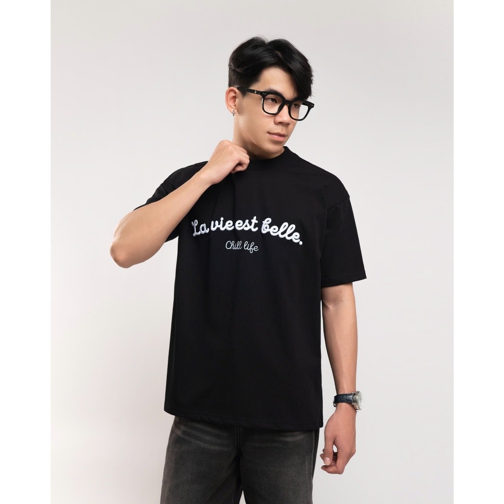 Áo Thun Boxy Thêu Đắp Mút Basic 4LUCKY 6411, Áo Thun Form Boxy Nam Nữ, Áo Thun Thêu Cotton Co Giãn T