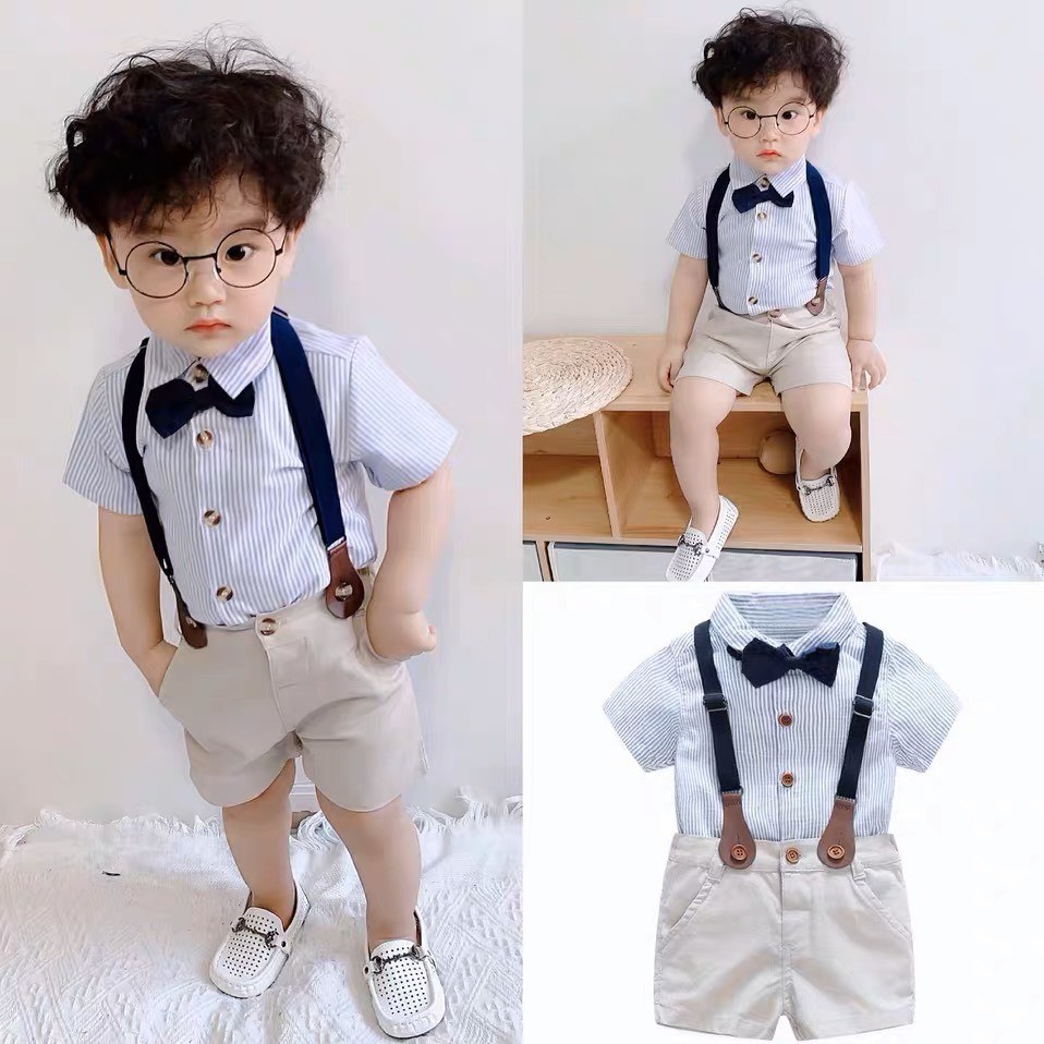 [Lucky Shop]-YM04-Yếm quần đùi kèm áo kẻ phong cách đáng yêu cho bé - Shubim Kids