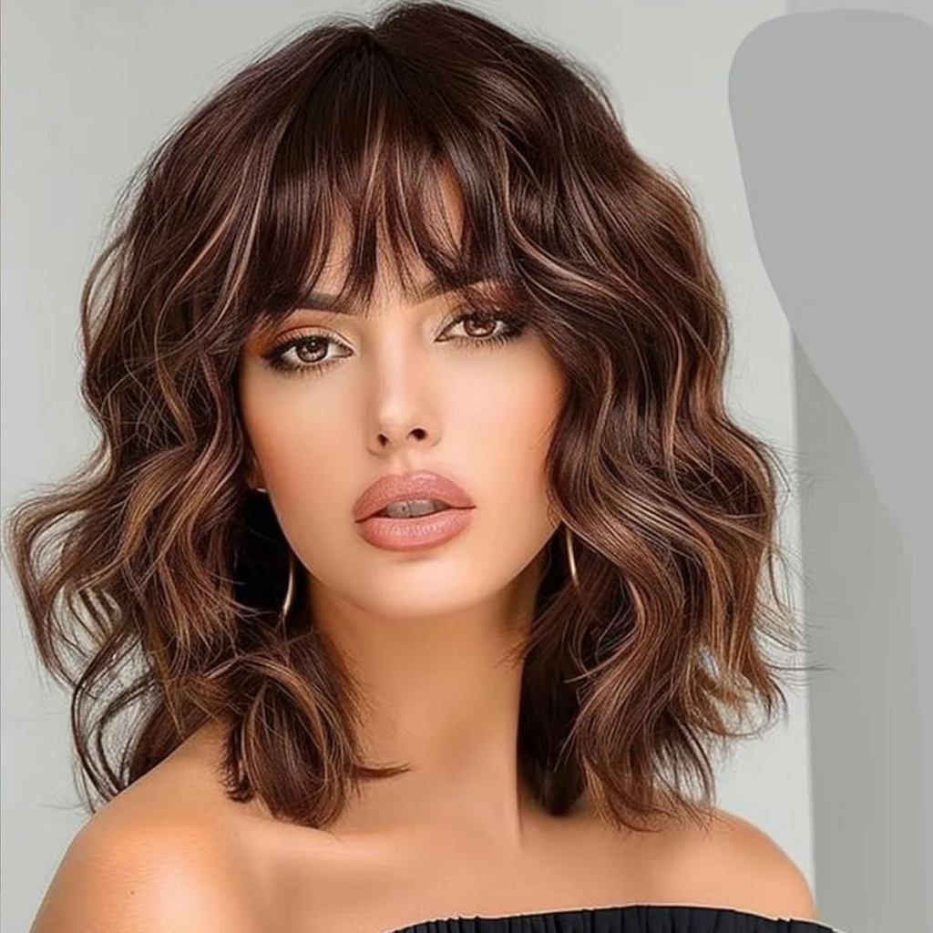 Lativ Brown Highlight Tóc Giả Dành Cho Nữ Tóc Giả Bob Xoăn gợn Sóng Ngắn Có Nổ Chiều Dài Vai 14 Inch
