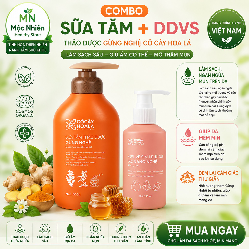 [Combo Sữa Tắm+DDVS X2 Nano] Thảo dược hữu cơ Gừng Nghệ Cỏ Cây Hoa Lá 500g + Ddvs phụ nữ Đào Gell X2