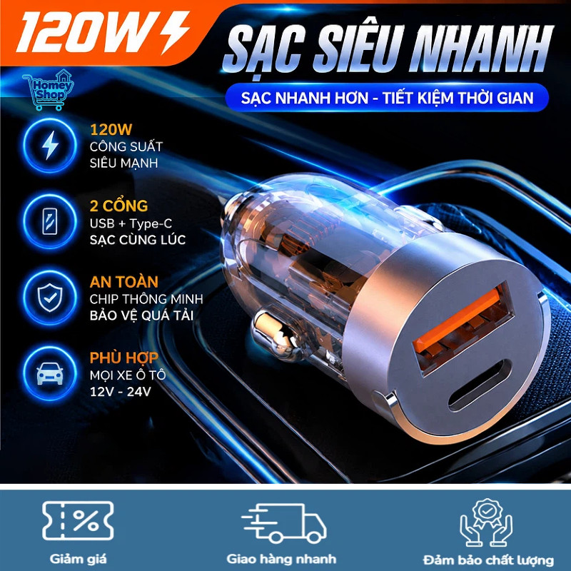 HomeyShop-Sạc ô tô sạc nhanh Type-C va USB,120W,hai cổng trong suốt,hợp kim nhôm,Sạc siêu nhanh, cho