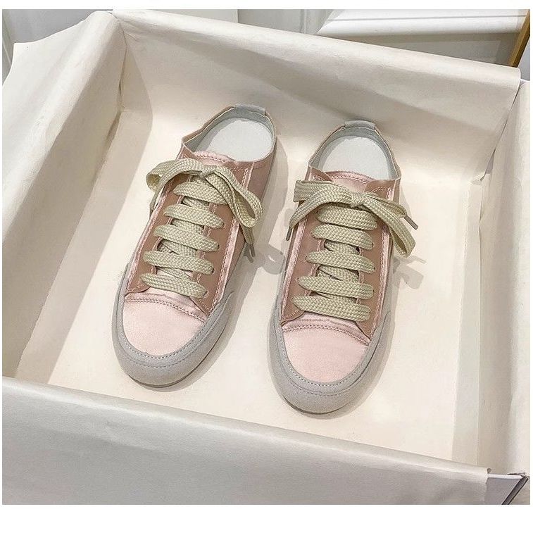 Baotou Nửa Dép Nữ 💖/ Giày Trắng Không Gót Lười Trơn Trượt / Giày Satin Niche Tây Ban Nha