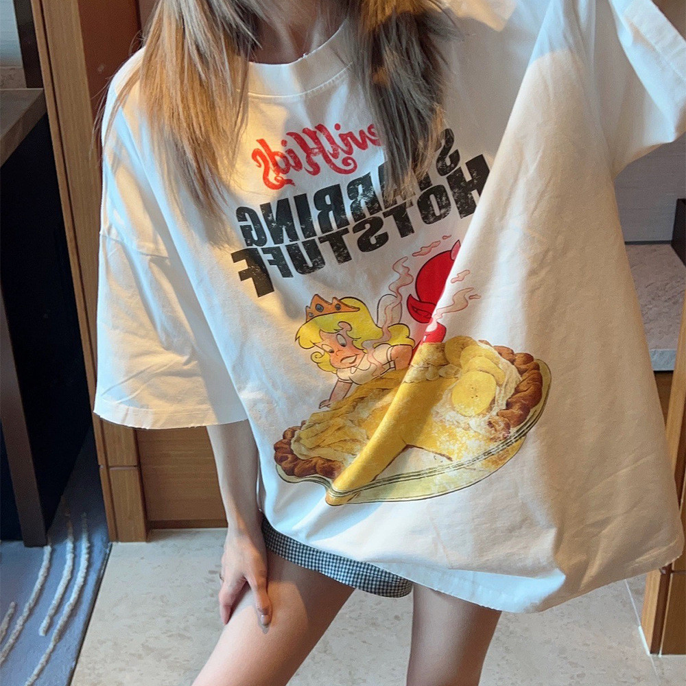 CZR5 Maychao Purey Greedy Demon Banana Pie Little Destruction Cartoon Retro Vintage Distressed Short