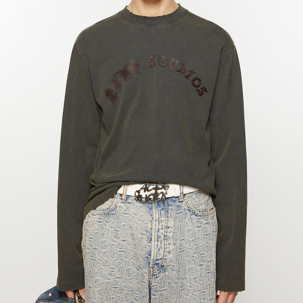 YN8H AC Leather Embroidery logo Long Sleeve vintage Vintage Distressed Casual Retro Washed Vintage R