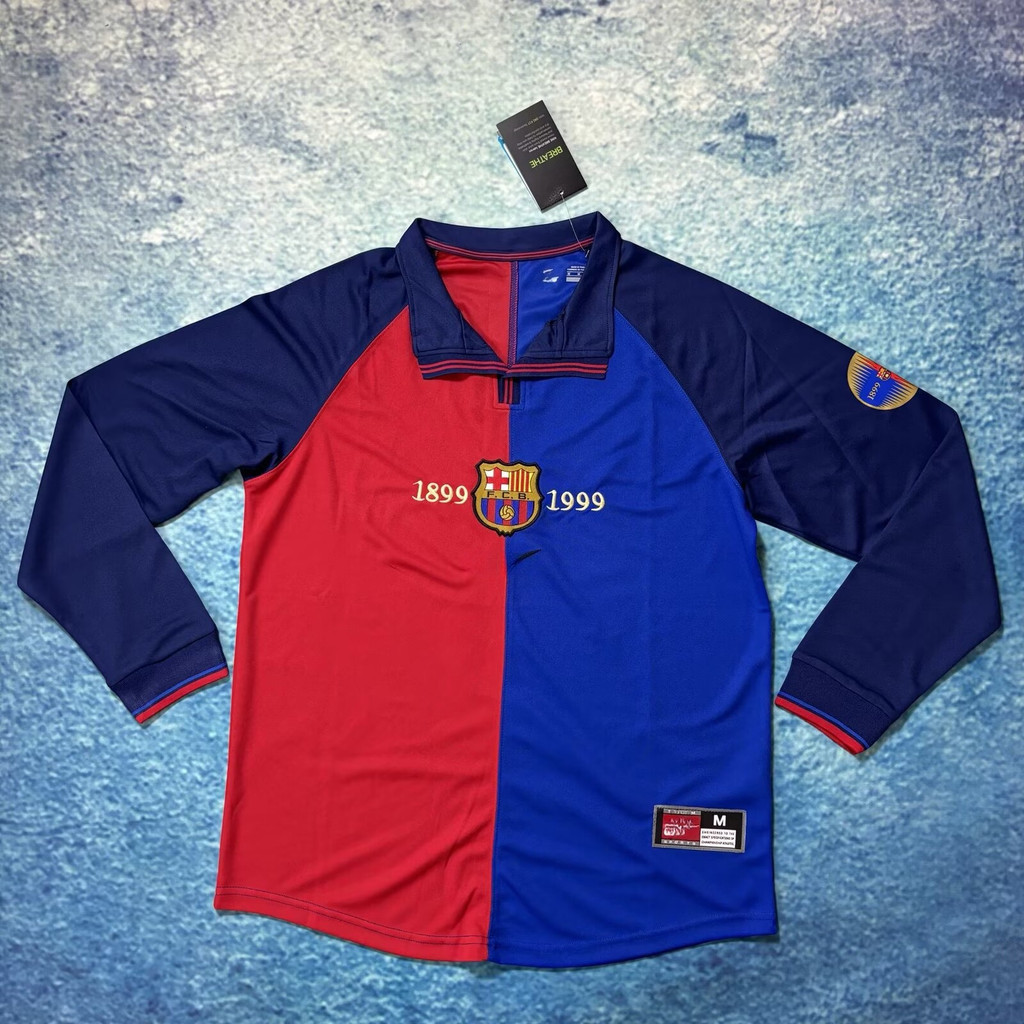 1899-1999 Barcelona Phiên bản trăm năm Áo bóng đá dài tay cổ điển với áo sơ mi Valdo, Xavi, Puyol Re