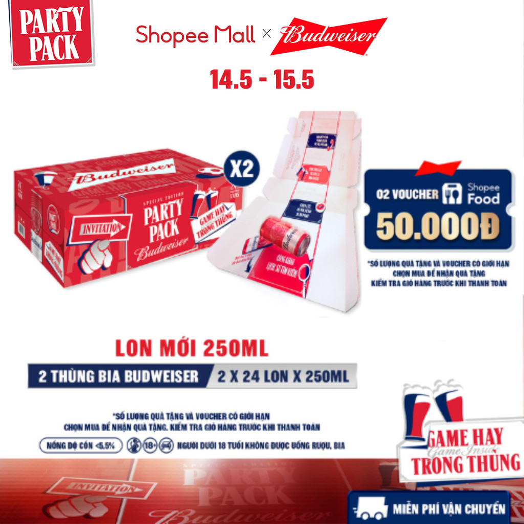 [ĐỘC QUYỀN LIVESTREAM] Combo 2 Thùng 24 Lon Bia Budweiser PartyPack Chính Hãng (250ml/lon)