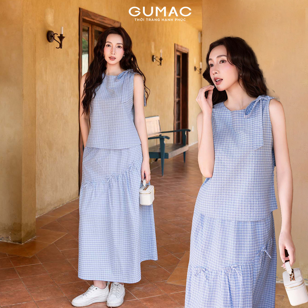 Set lẻ Áo kiểu cổ yếm GUMAC - Gmorning YAG03024 - Chân váy nơ xoè GUMAC - Gmorning YVG03023