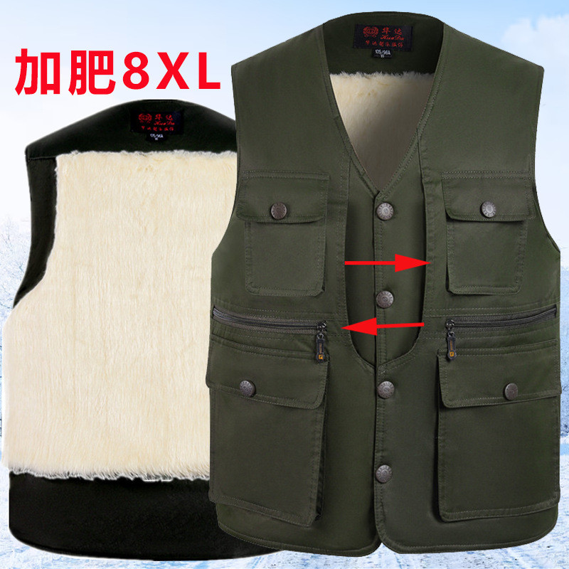 Plus Nhung Dày Len Vest Nam Trung Niên Người Cao Tuổi Nhiều Túi Áo Vest Lớn Béo Cực Lớn Kích Thước 8