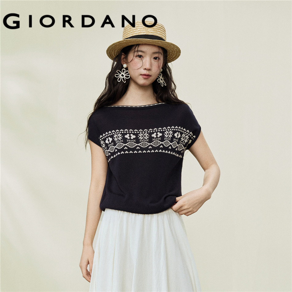 GIORDANO WOMEN Ethnic Style Jacquard Boat Neck Short Sleeve Knitted Sweater - High Quality 18356303