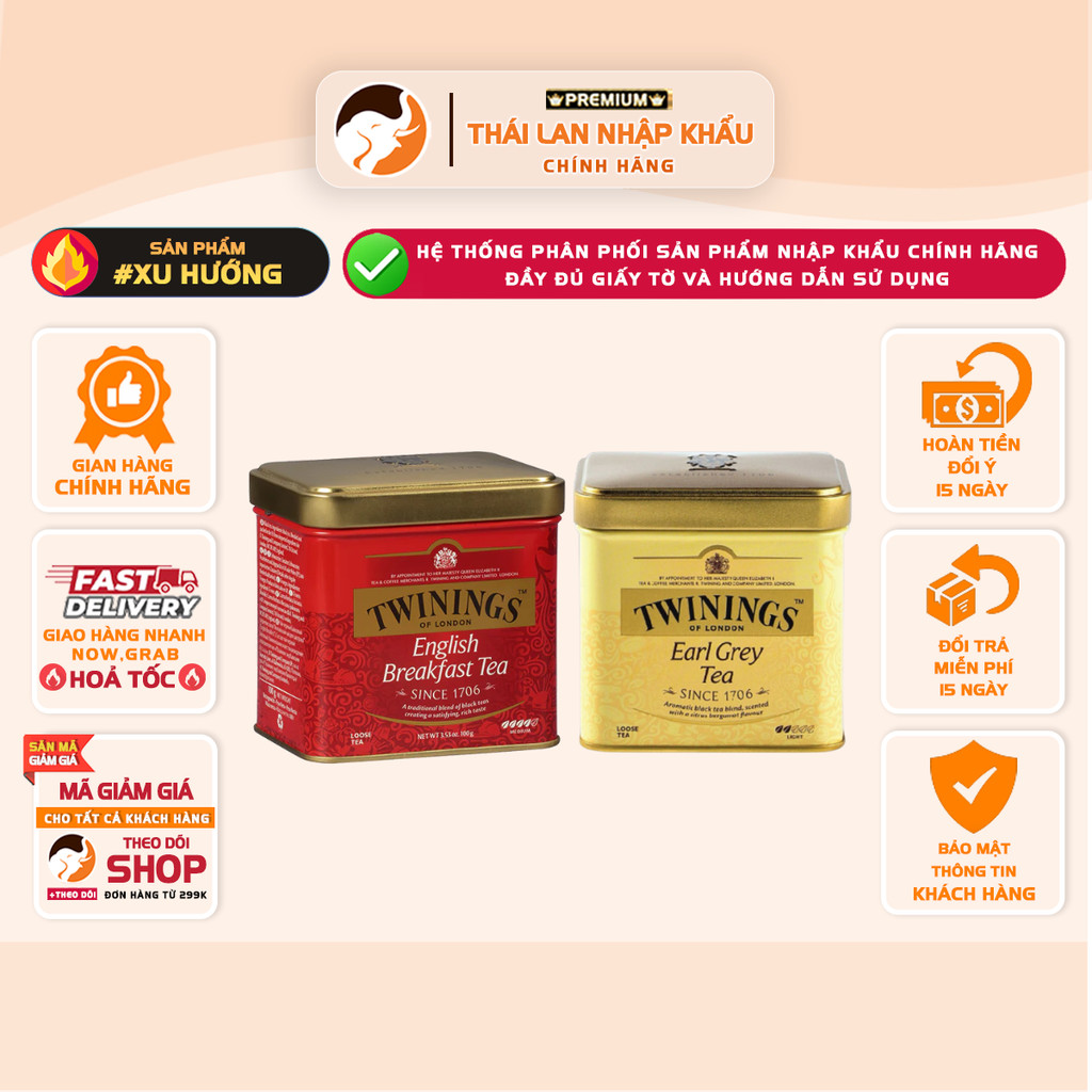 [HỘP 100gr] Trà Lá Lớn Twinings English Breakfast, Trà Lá Twinings London Strand Earl Grey