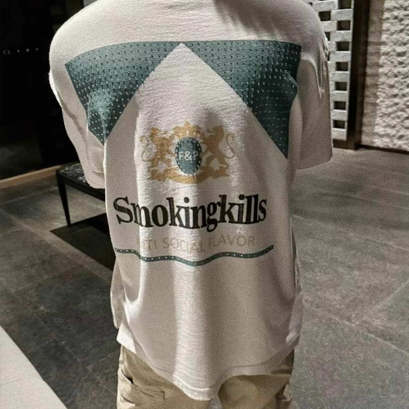 WWFS Rhinestone Cigarette Case Print Short Sleeve Summer Loose Versatile Trendy Round Neck Couple T 