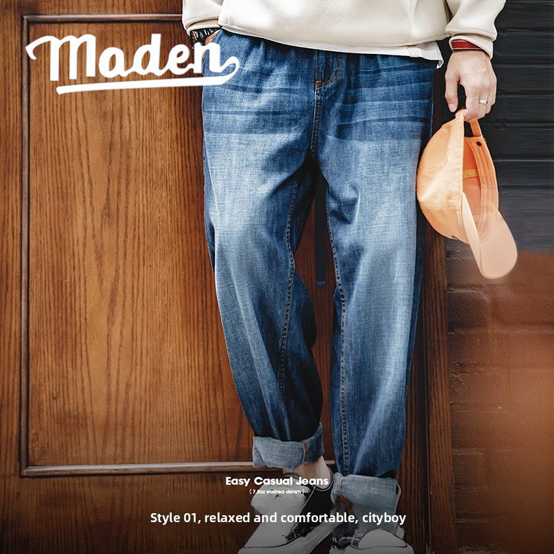 Maden Quần Jeans Nam Retro Casual Denim Trắng, Thiết Kế Thu Đông