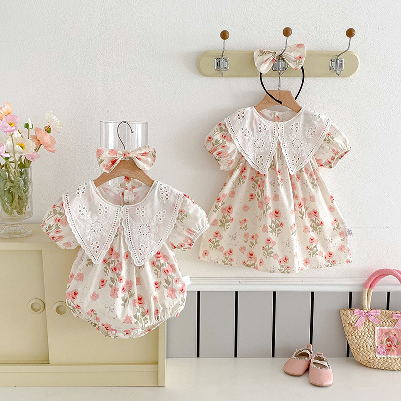 Summer Baby Clothes Girls' Short-Sleeved Dress Romper Baby Girl's Sheath Clothes Sister's Clothing q