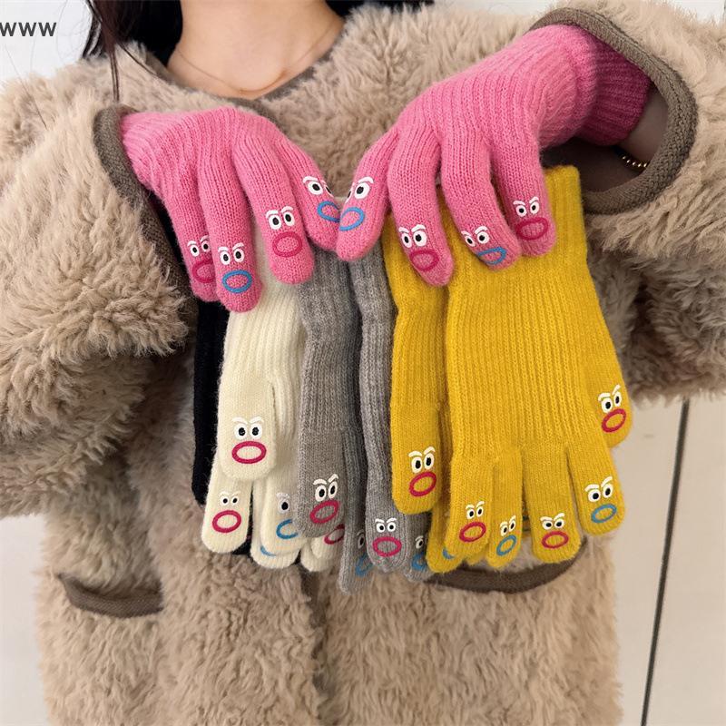 [auz] Funny Facial Expression Knitted Gloves, Full Finger Mittens, Cartoon Expression Driving Glove