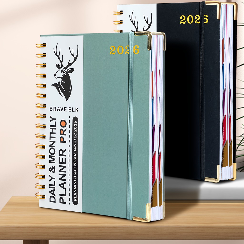 Sổ tay Brave Deer 2026 mới, Sách kế hoạch A5 dày 400 trang - Trình quản lý lịch ràng buộc xoắn ốc, H