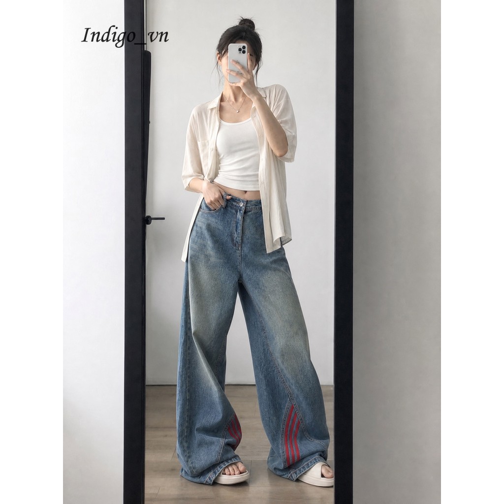 【Indigo】Quần Jean Cũ Khâu Sọc Cao Đường Phố Quần Jean Ống Đứng Quần Ống Rộng