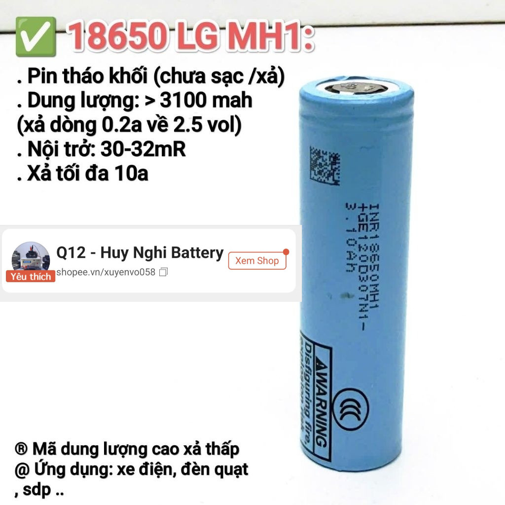✅️ 18650 LG Mh1 Tháo Khối / Dung lượng > 3100mah / Xả 10a