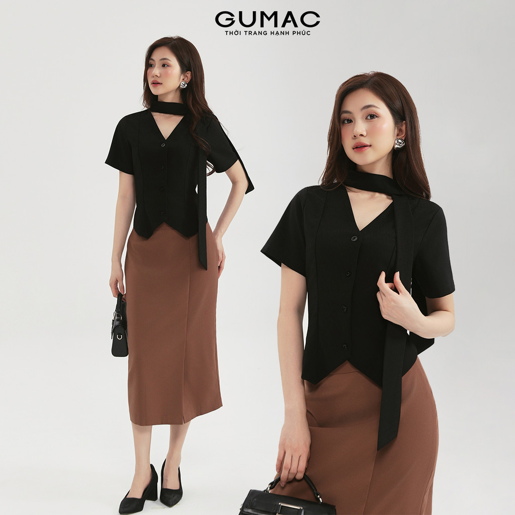 [NEW] Áo kiểu nữ cổ cách điệu đính nút đồng màu thời trang GUMAC AF12019