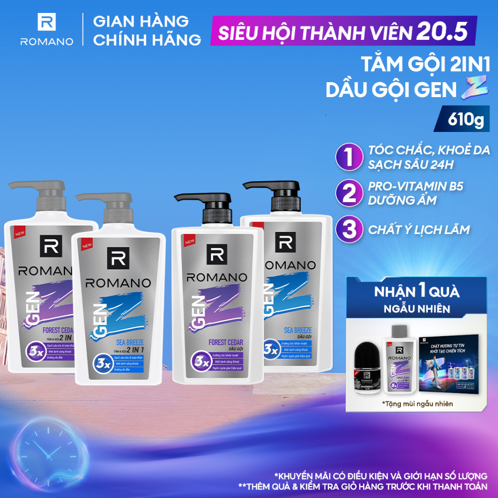 Tắm gội cho nam 2in1 cho nam / Dầu gội nam Romano Gen Z hương Sea Breeze/ Forest Cedar 610g / chai -