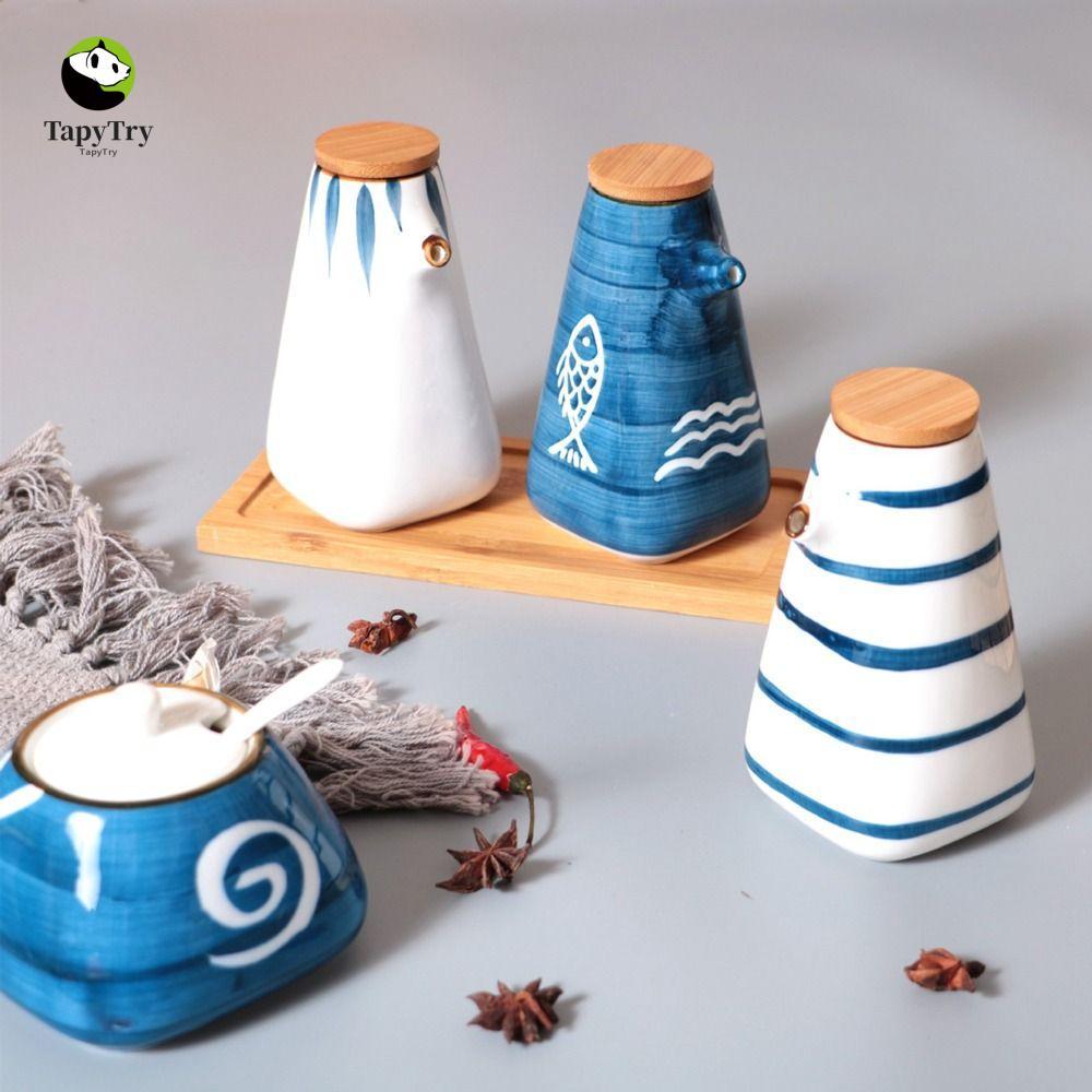 ALISON Spice Jar Organizer Sugar Ceramic có nắp tre Hộp đựng gia vị cổ điển sáng tạo