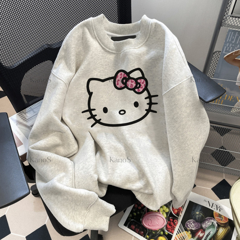 Kanos_shop | áo sweater dày dặn,hàn quốc dễ thương Leopard&Kitty print áo tay dài áo thể thao
