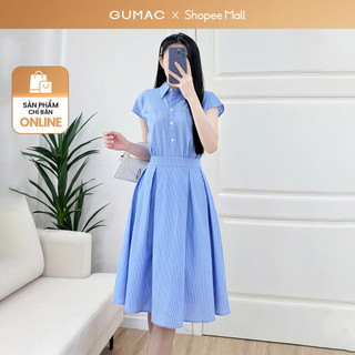  Đầm nữ GUMAC A xòe cổ sơ mi rã đô trước phối sọc xéo công sở thanh lịch kate mềm mát  LDF0701 
