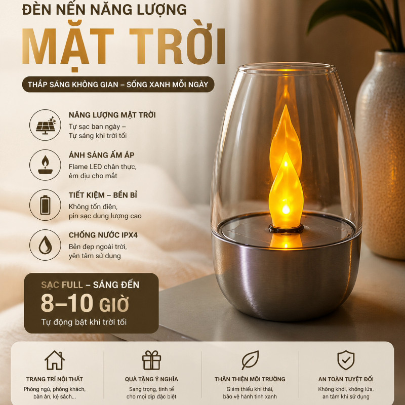 Đèn Nến LED Năng Lượng Mặt Trời  - Thiết Kế Hình Nến 3D Chống Nước,Sự Kiện & Quay Phim,Tạo bất ngờ tỏ tình