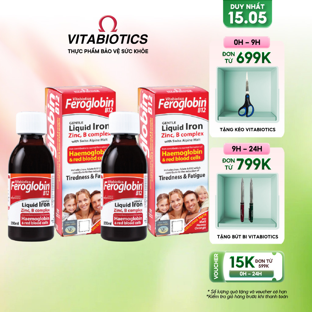 Combo 2 Siro TPBVSK FEROGLOBIN B12 Liquid Hỗ Trợ Khả Năng Tạo Máu 200ml Vitabiotics
