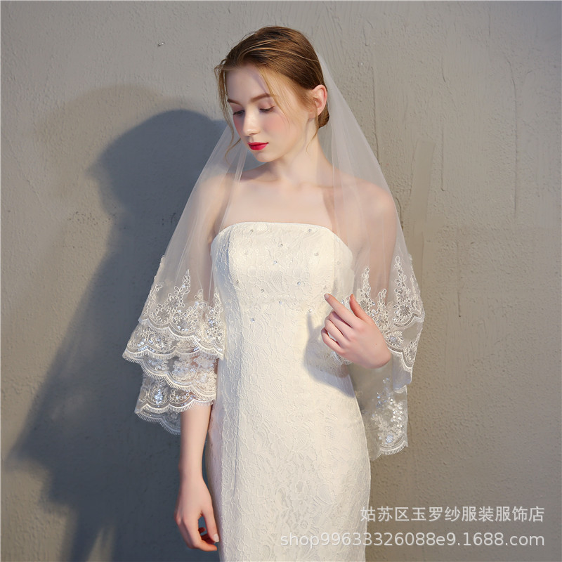 Popular~2026New bridal veil, wedding dress accessories, short double-layer sequin lace bridal veil, 