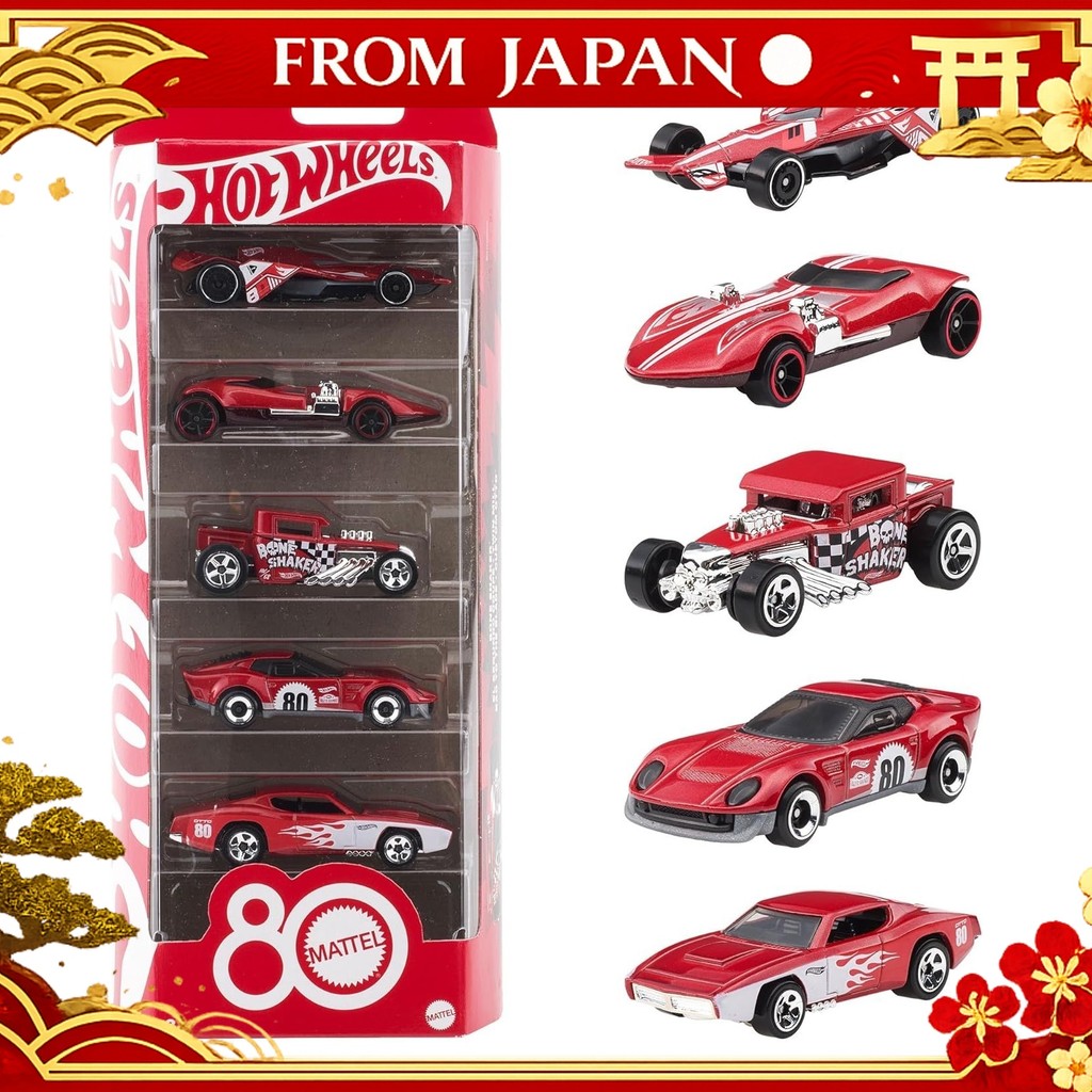 Hot Wheels Mattel 80th Anniversary 5 Pack Vehicle Toy Mini Car 3 Years Old and Up Red JGK08 nmshop