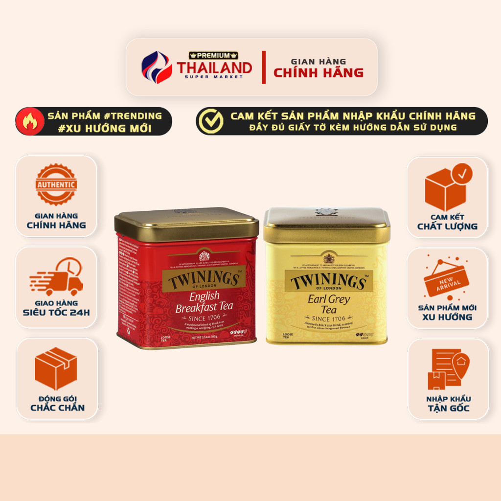[HỘP 100gr] Trà Lá Lớn Twinings English Breakfast, Trà Lá Twinings London Strand Earl Grey